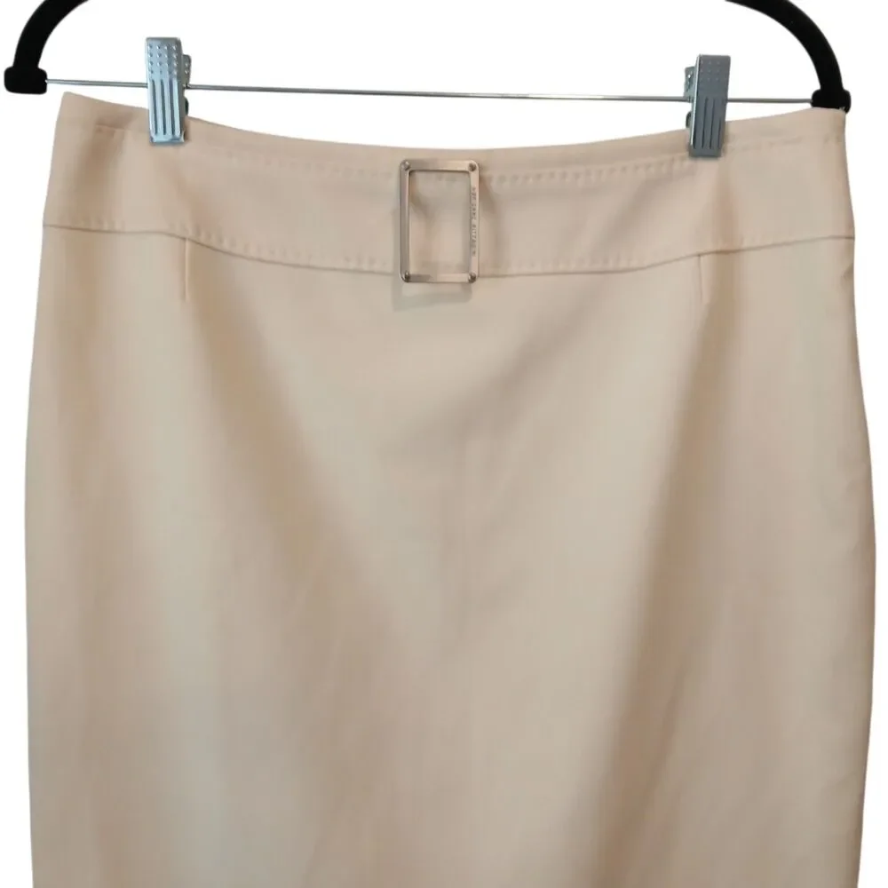 Adrienne Vittadin Skirt Ivory Cream White Size 8 Virgin Wool Silver Logo Buckle